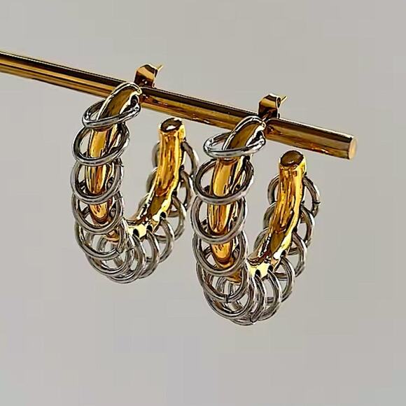 Gold Chain Hoop Punk Earrings Two Tone Retro Y2K - Picture 3 of 6